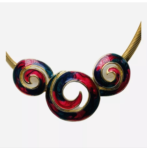 VTG RED BLACK SWIRL OMEGA NECKLACE 18" STATEMENT GOLD TONE 80s Lovecore TRENDY - Picture 4 of 7